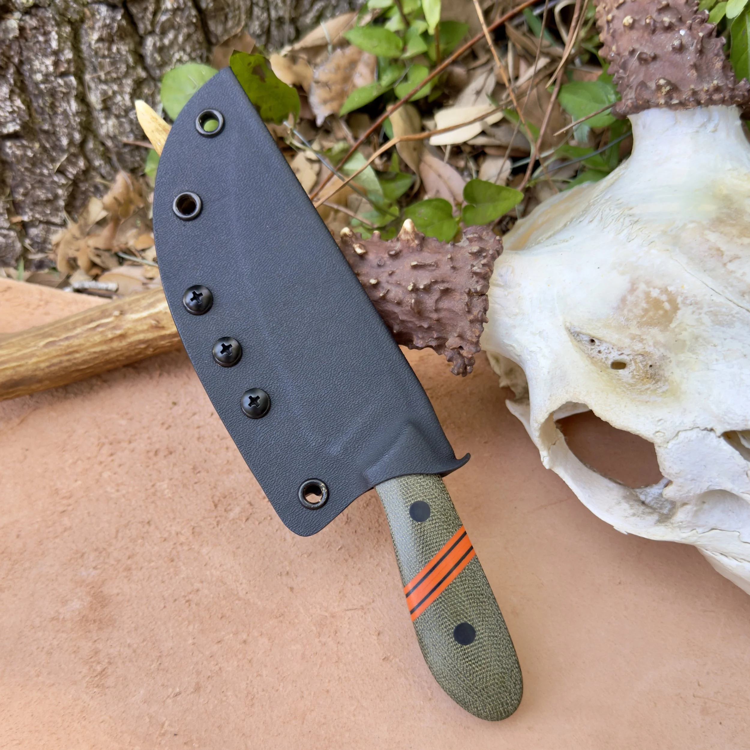 EDC fixed blade knife secured in black Kydex sheath with belt clip, shown on outdoor surface