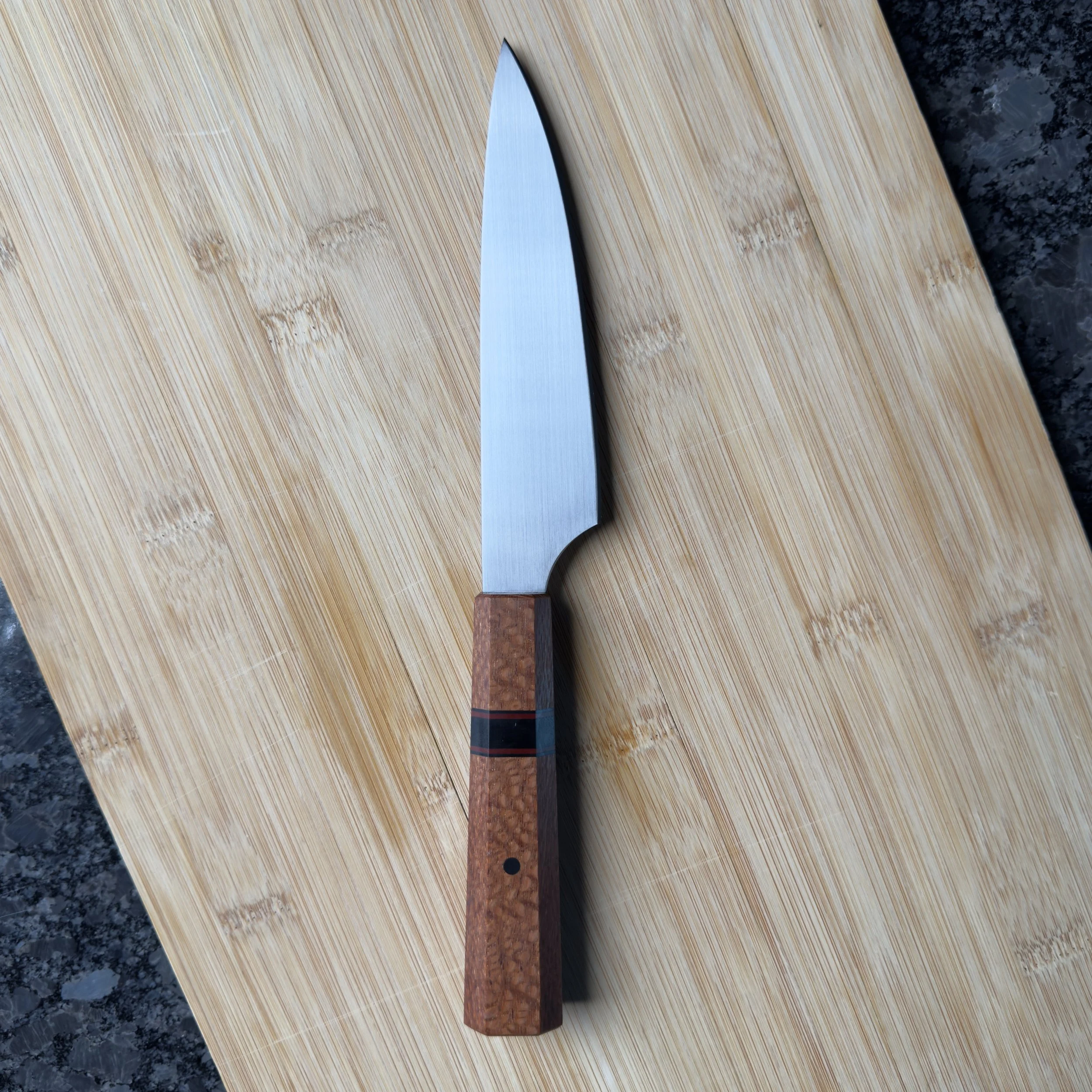 Custom Japanese-style petty knife with 52100 carbon steel blade and lacewood handle