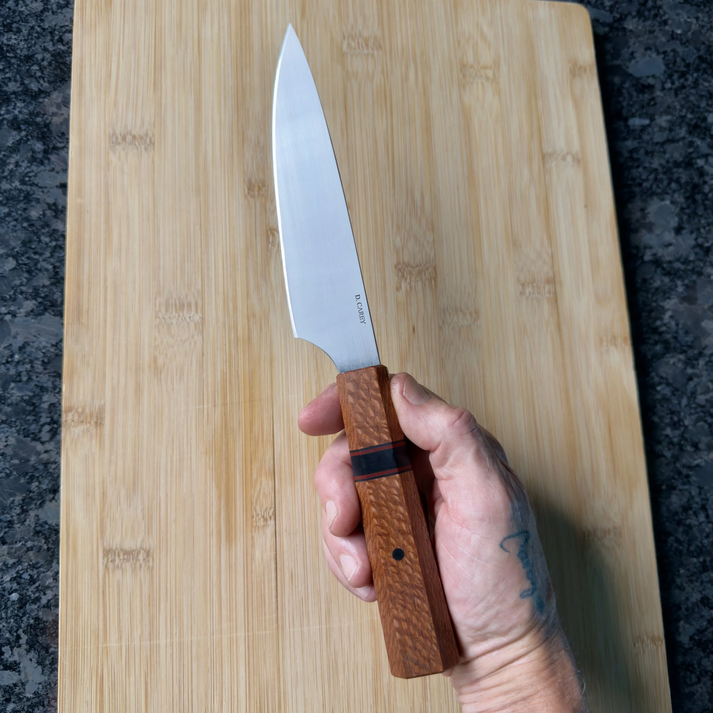 Handmade 52100 carbon steel petty kitchen knife with lacewood octagonal handle by David D. Carey