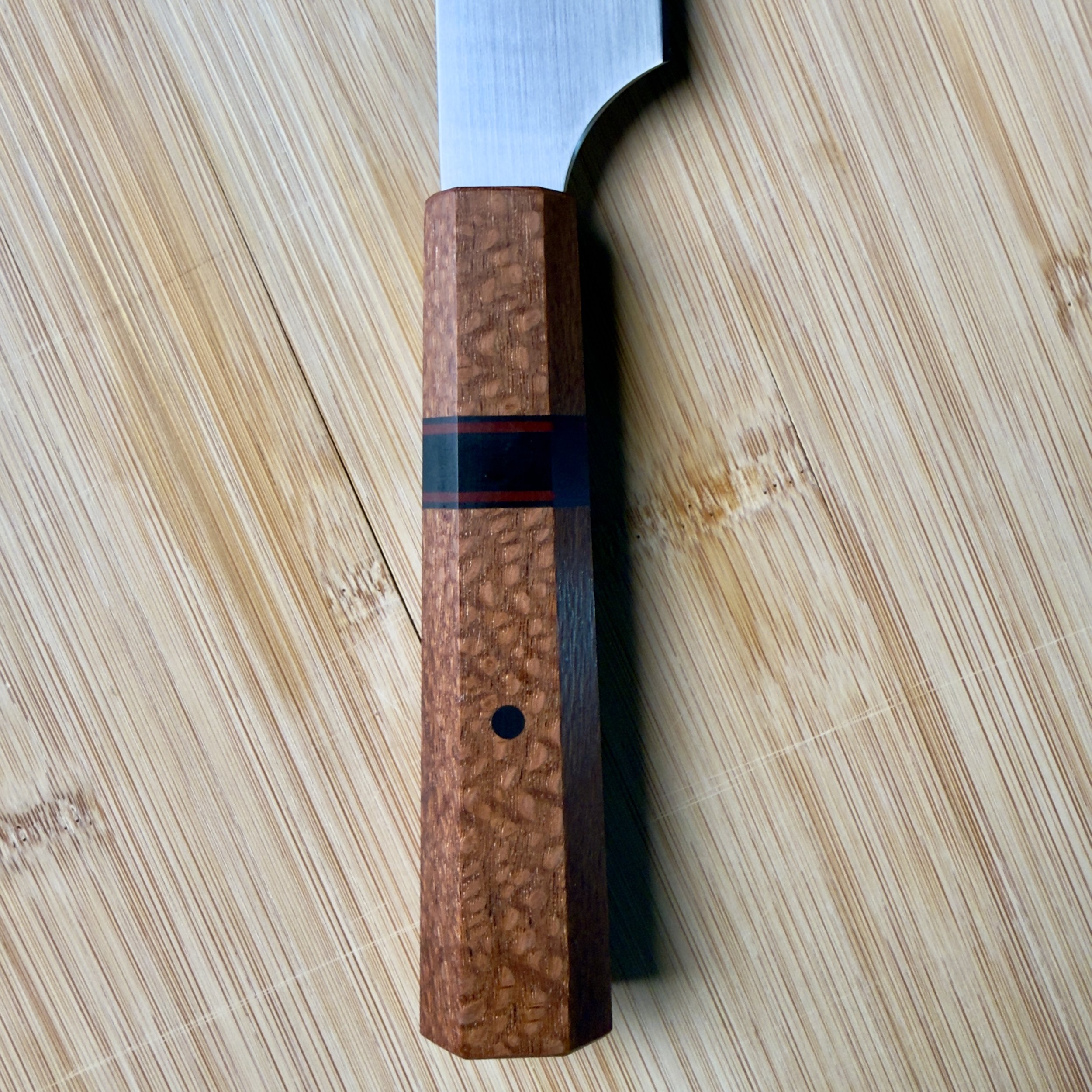 Lacewood octagonal knife handle with micarta and G10 accents on handmade petty knife