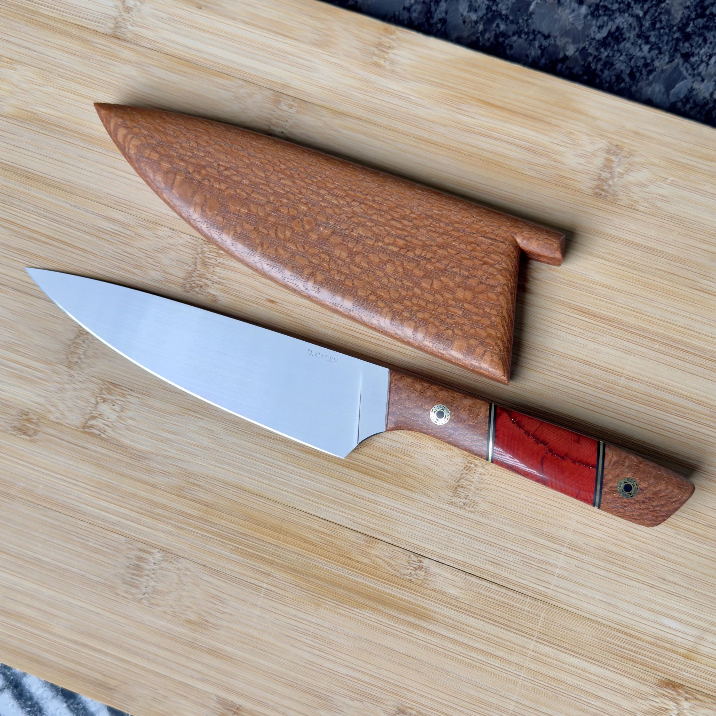 Handmade lacewood chef knife with mammoth tusk handle and matching wooden saya