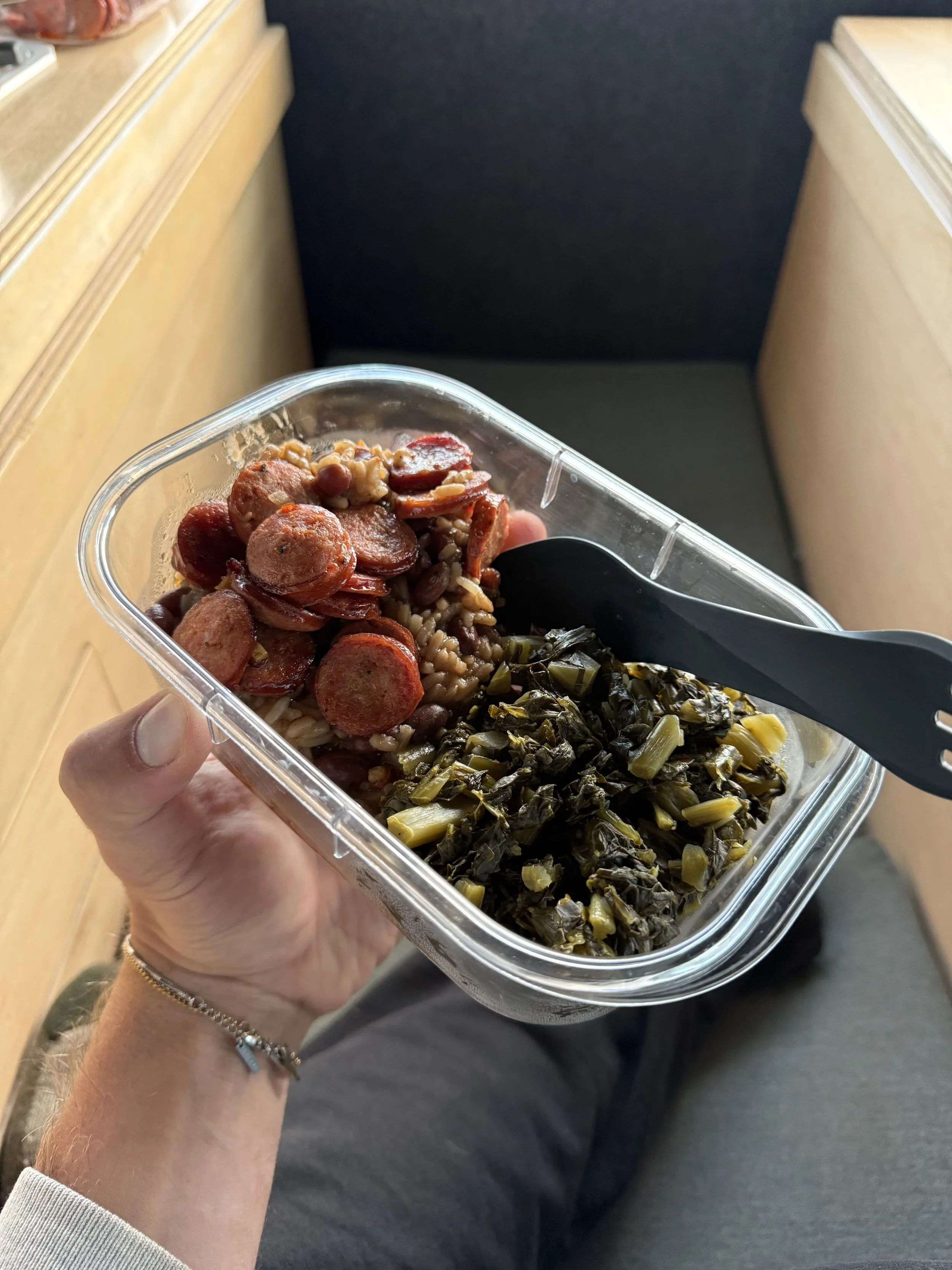 Andouille with red beans and rice, and some greens