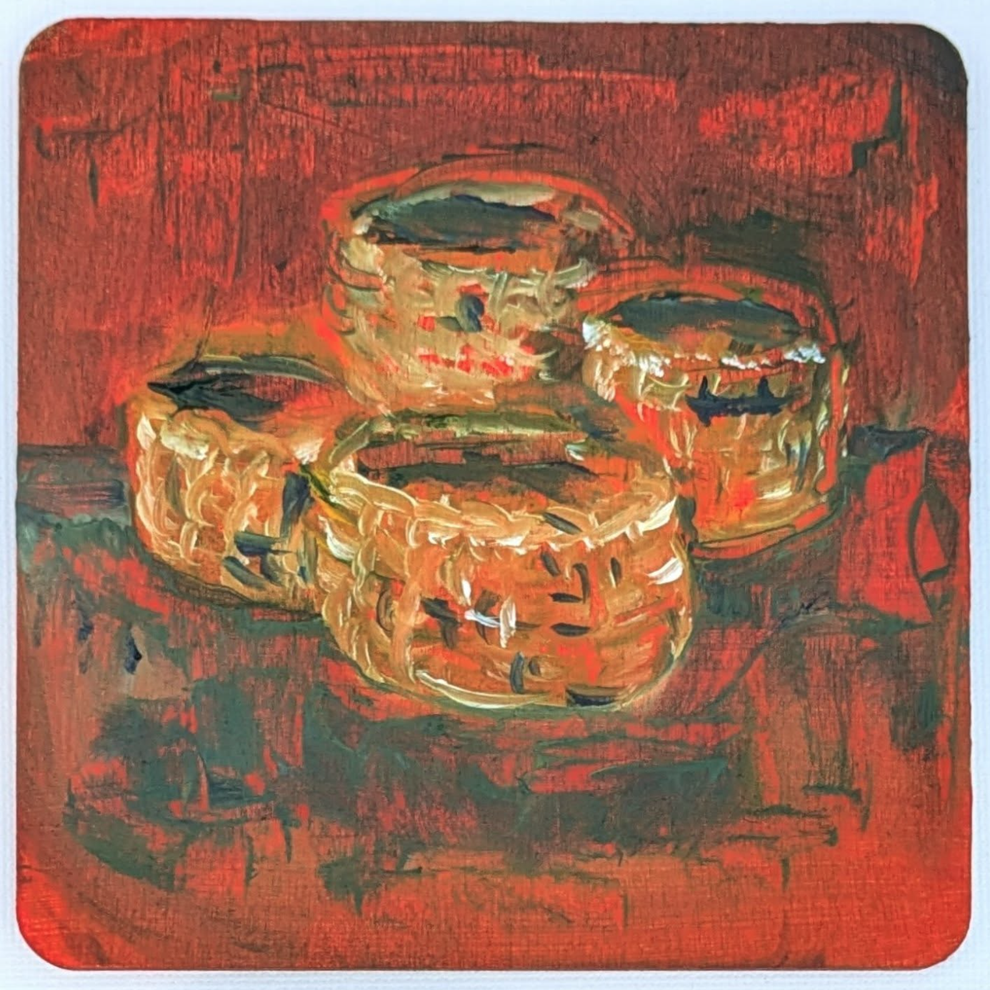 A painting with creel and fish baskets painted in shades of red