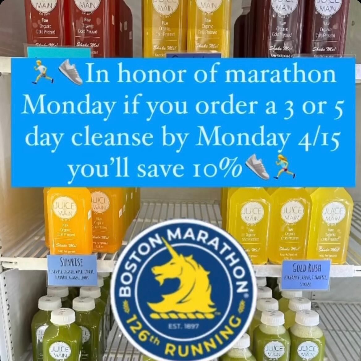 In honor of Marathon Monday if you order a 3 or 5 day cleanse by Monday 4/15 you&rsquo;ll save 10%! Order online or stop by the store this weekend: Saturday and Sunday 9am-3pm. We are closed Mondays but you can still order your cleanse online and pic