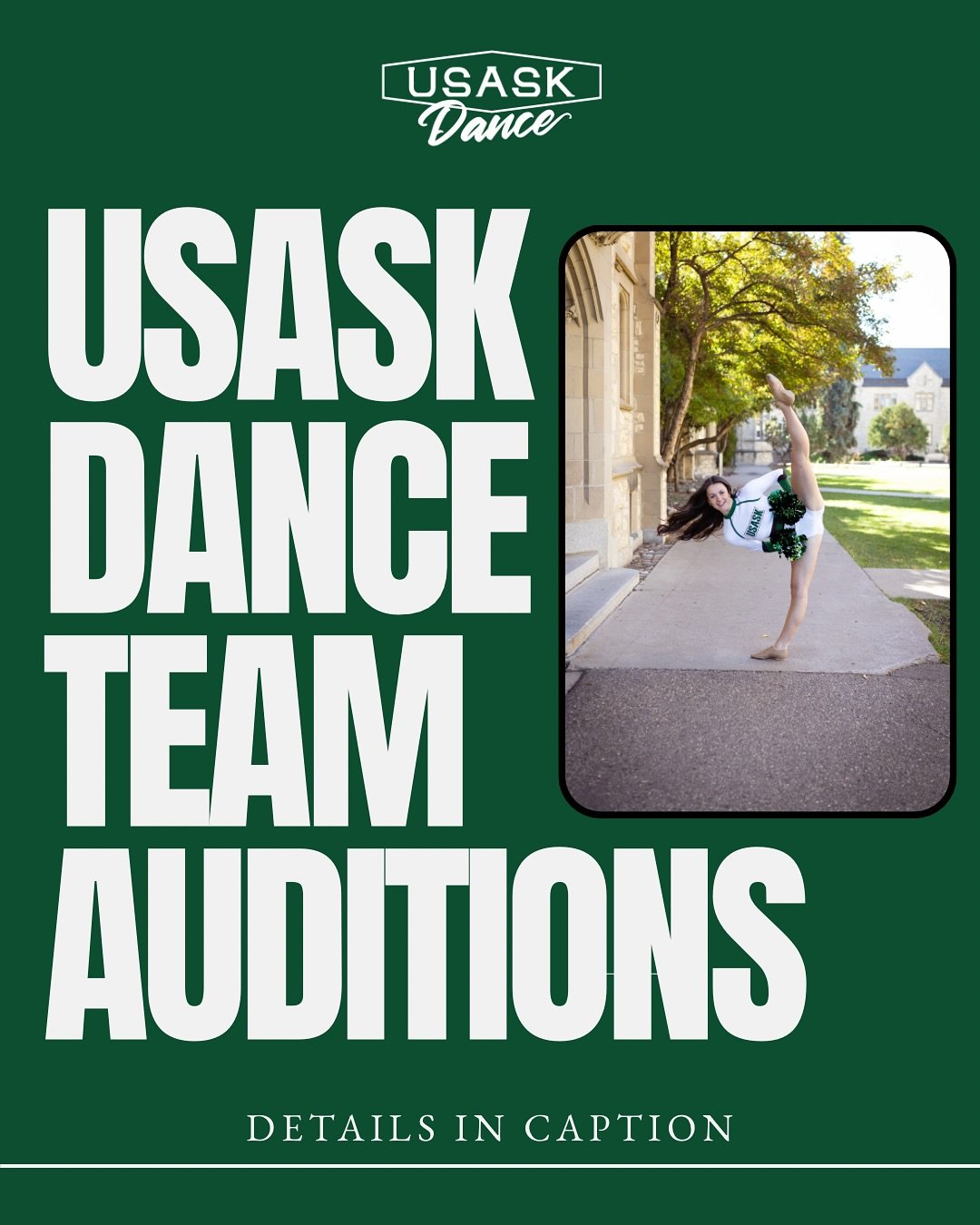 Audition applications are now OPEN for the USask Dance Team! 💚

If you&rsquo;ve been thinking about joining us, mark your calendars for August 26, 27, and 28. We&rsquo;d love to see you there✨!

Apply NOW using the link in our story or head to our w