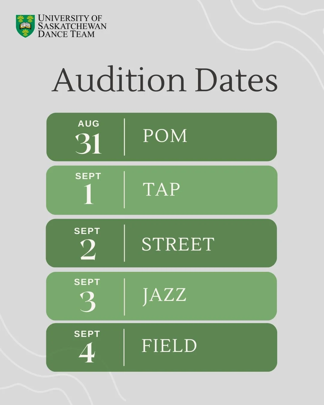 AUDITION DATES! 📆💚
Make sure you get your applications in by August 15th. Those that have applied will receive the full audition information after the application closing date. Best of Luck! 🥳