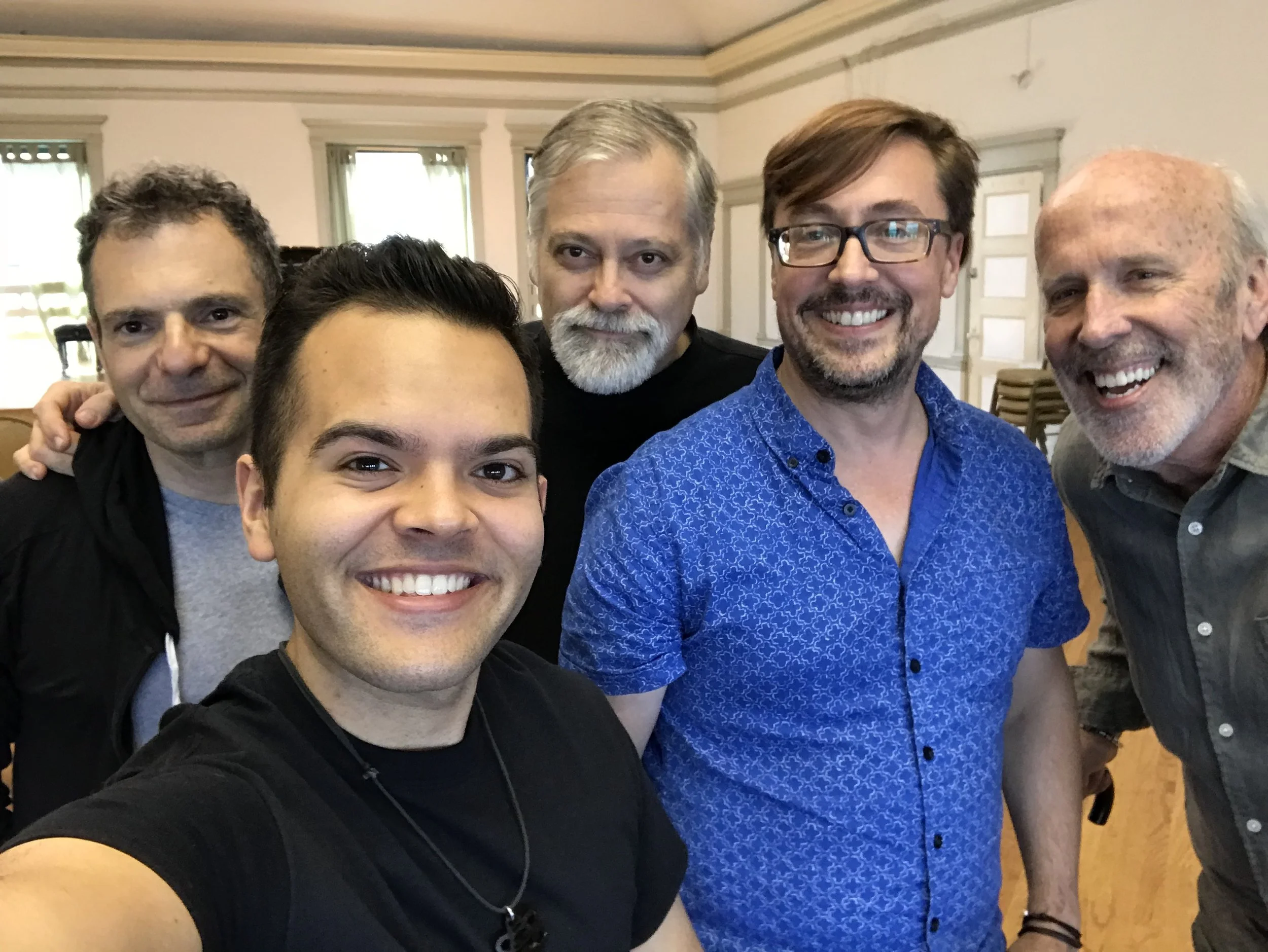 (l. to r.) Conductor Roger Zahab, Omar Mulero, Daron Hagen, Robert Frankenberry, and Robert Orth in rehearsal at the Fine Arts Bulding in Chicago, September 2018.