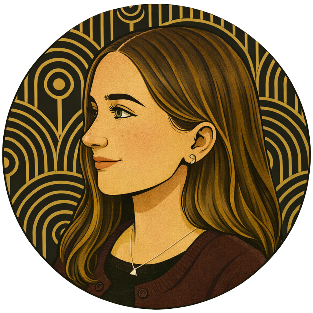 Illustrated side-profile portrait of Megan Tomasic, Catering Sales Coordinator, in an art deco style with geometric gold patterns