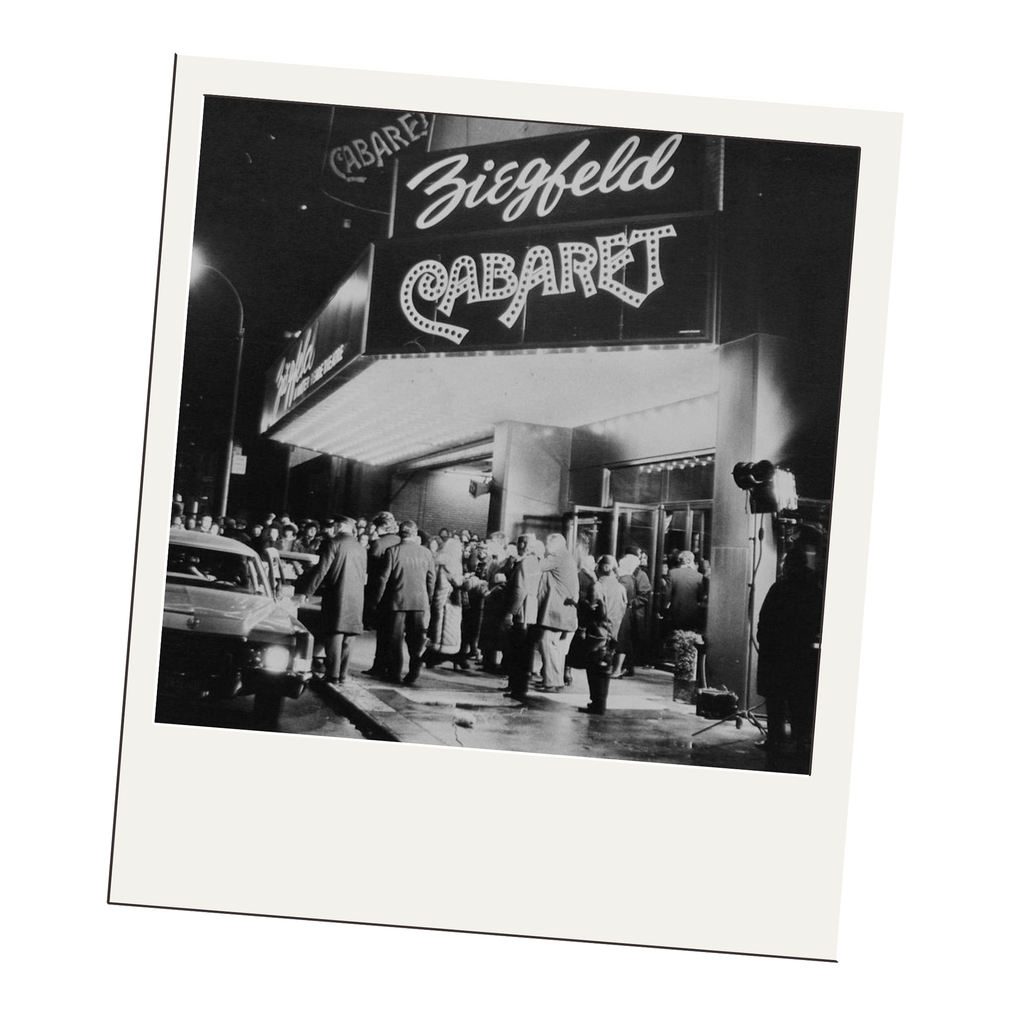 Black-and-white photograph of the Ziegfeld Cabaret marquee with a crowd gathered outside at night