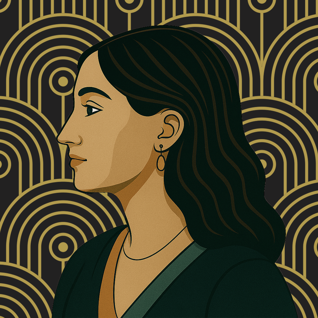 Illustrated side-profile portrait of Isabel Steffen, Catering Sales Coordinator, in an art deco style with geometric gold patterns