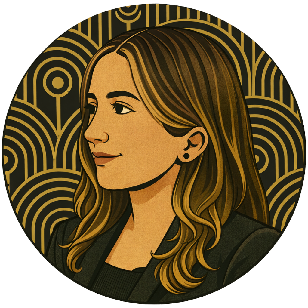 Illustrated side-profile portrait of Michelle Beaudette, Catering Sales Coordinator, in an art deco style with geometric gold patterns