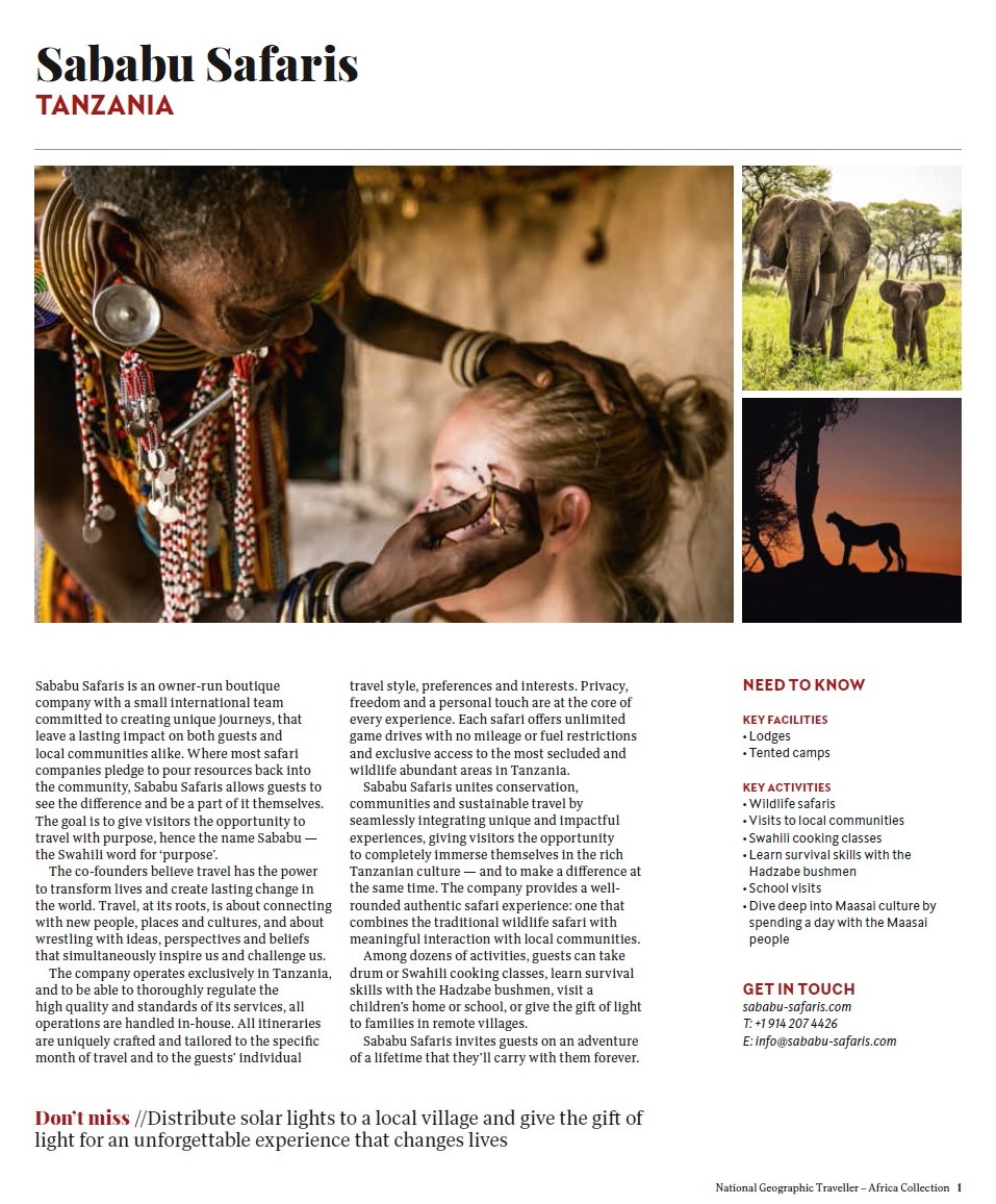 Sababu Safaris Feature in National Geographic Traveller's Africa Collection 2019