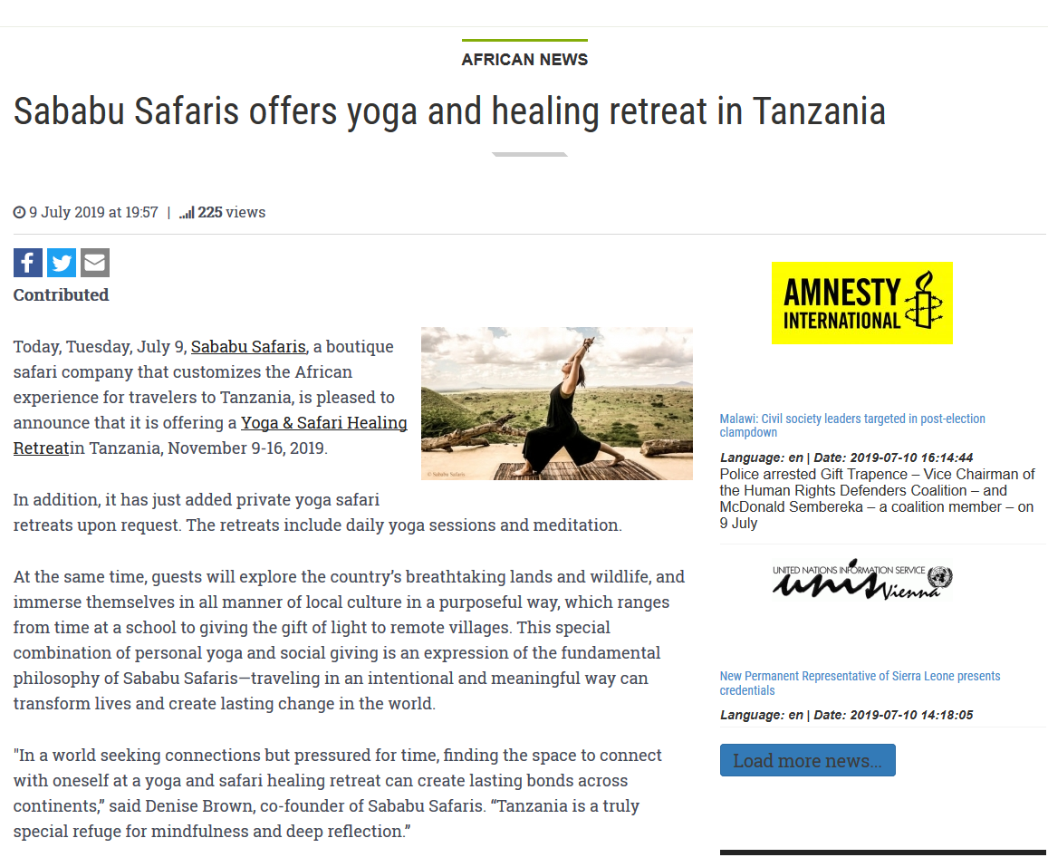 Patriotic Vanguard Artikel über unser Yoga &amp; Safari Healing Retreat