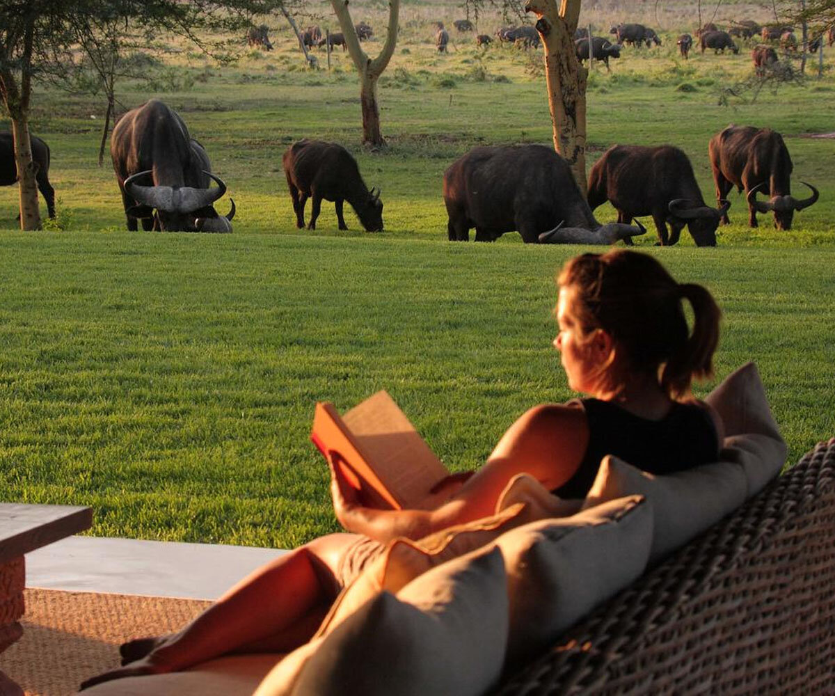 Woman reading on private safari