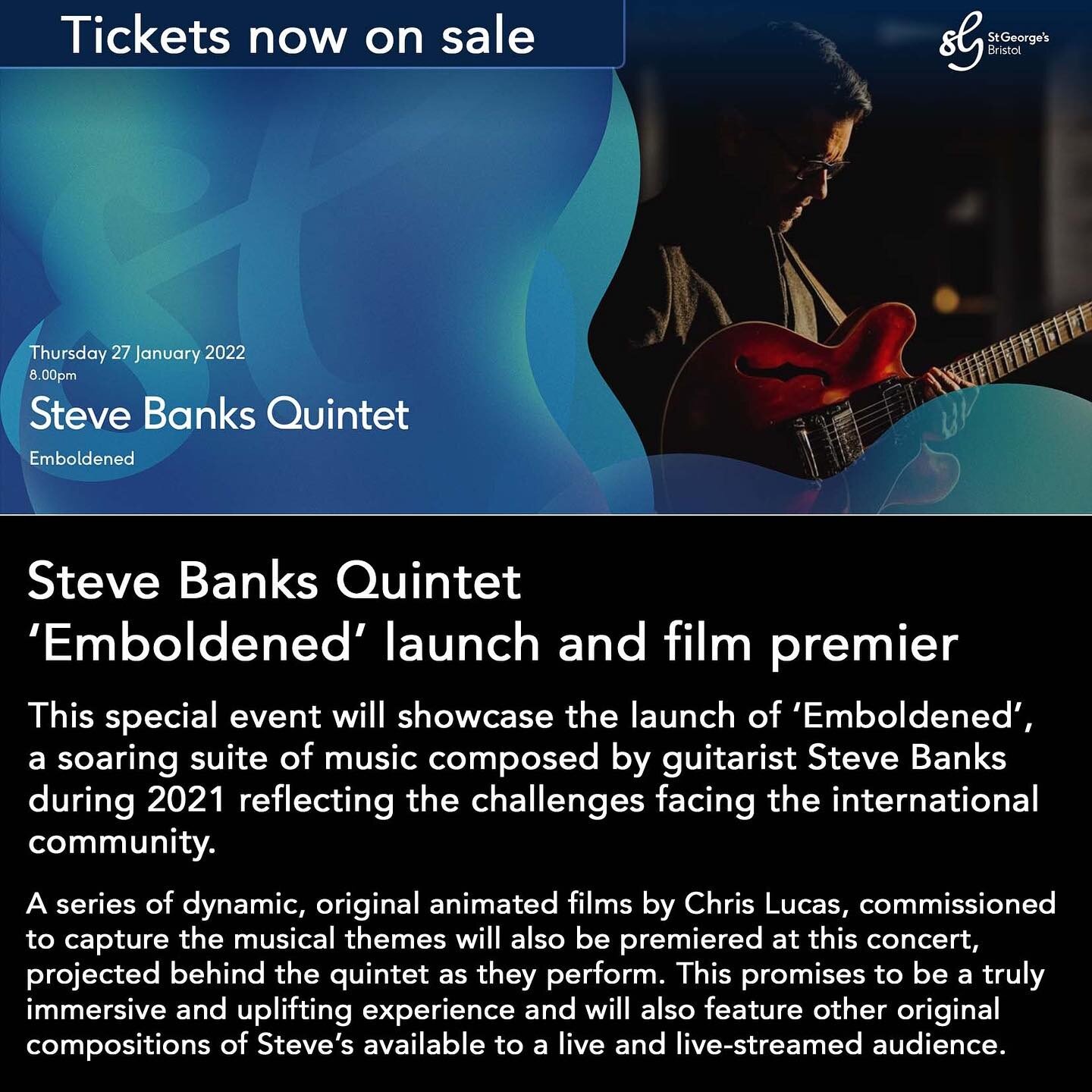 So proud of this man @stevebanksguitarist 💜His work &rsquo;Emboldened&rsquo; is being performed by @rebeccanashkeys @henrikjensenbass @markwhitlamdrums &amp; #samcrockatt this week in Bristol &amp; Birmingham  with animation by @arunchrislucas - it&