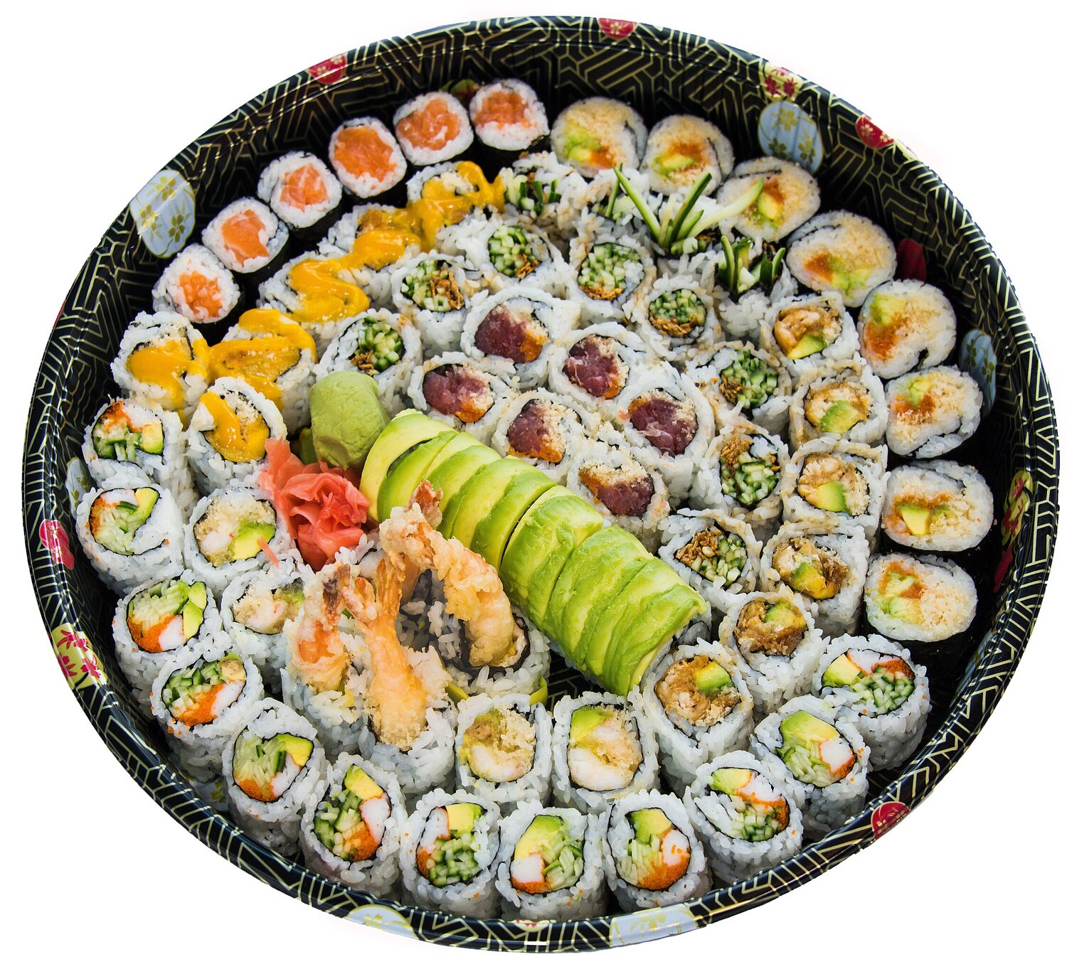 Party Tray A4 Green Dragon Roll (8) Kamikaze Roll (8) Rock & Roll (6) Crispy Mango Roll (6) Crispy Salmon Skin (12) Spicy Tuna Roll (6) California Roll (12) Salmon Roll (6) Dynamite Roll (6)