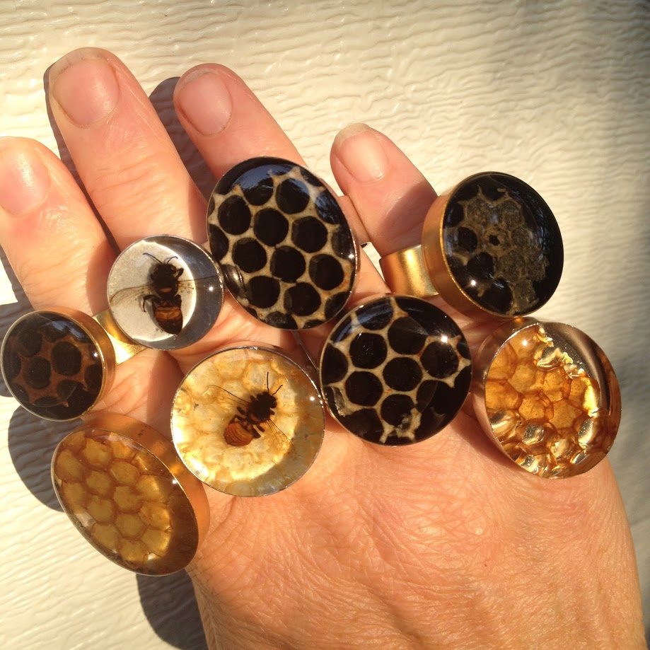 Resin-encased honey bee and honeycomb rings