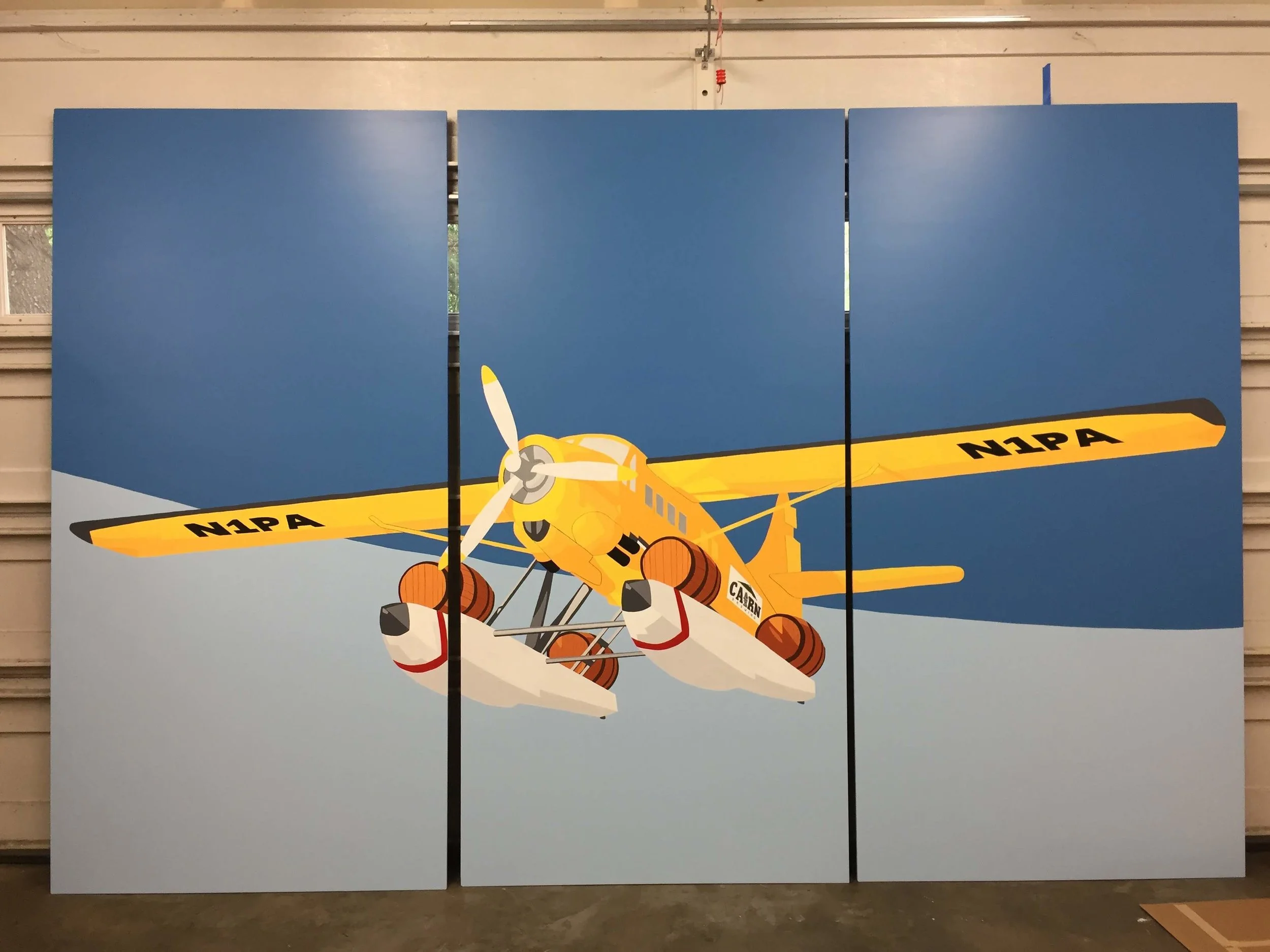 Seaplane mural on panels for Cairn Brewery