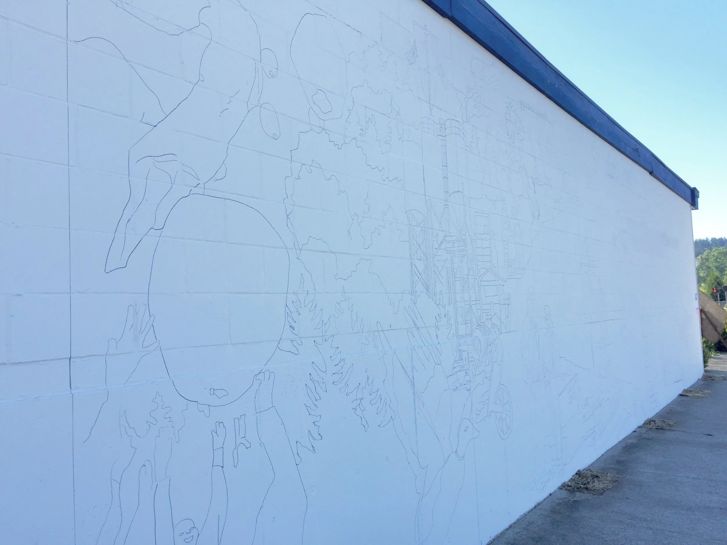 Mural design traced onto wall of St. Vincent de Paul