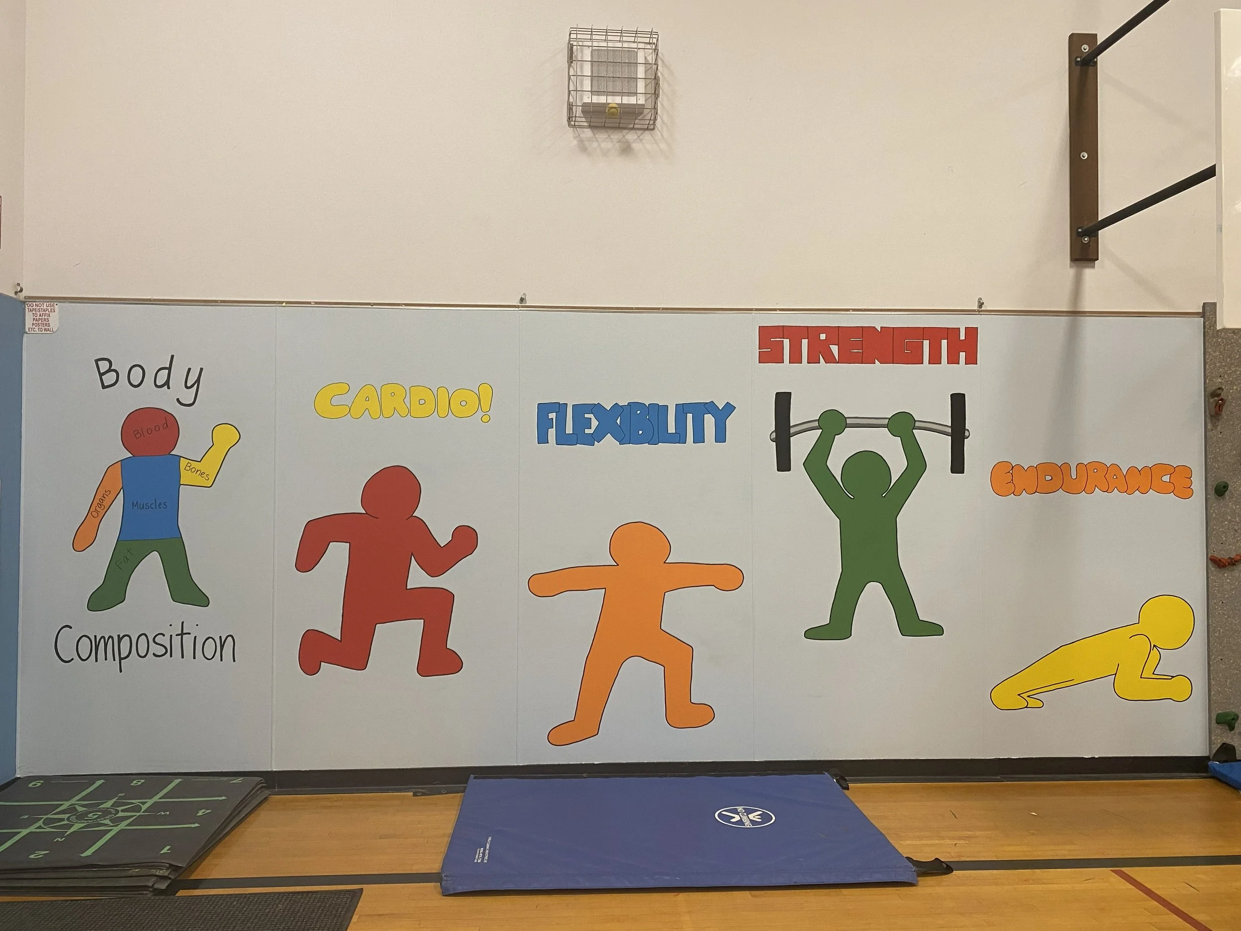  Student design turned into a mural for Sunrise Elementary. We worked with P.E. teacher to come up with designs.  I helped with the process of turning those designs into murals on the walls of the gym. 