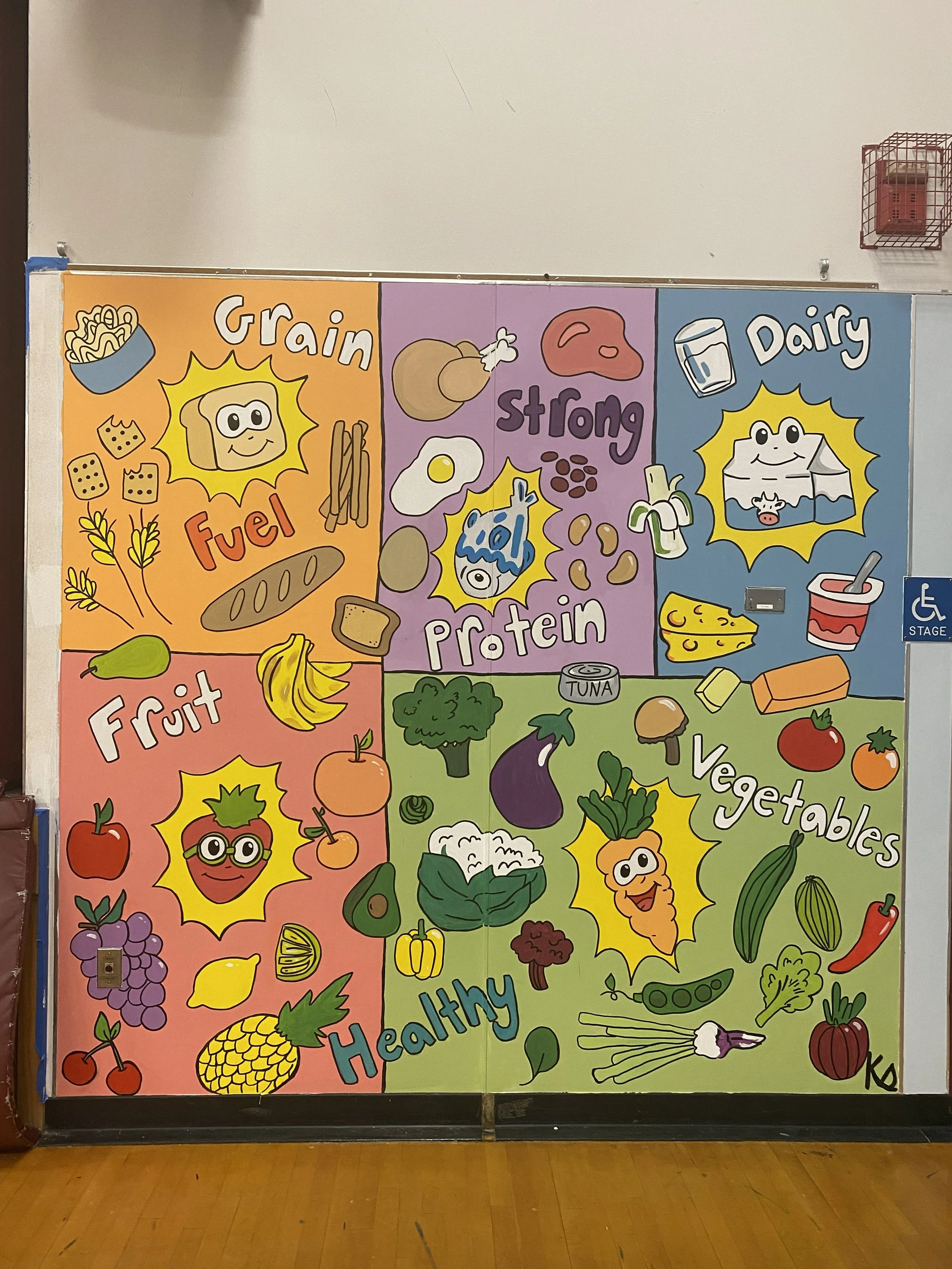  Student design turned into a mural for Sunrise Elementary. We worked with P.E. teacher to come up with designs.  I helped with the process of turning those designs into murals on the walls of the gym. 