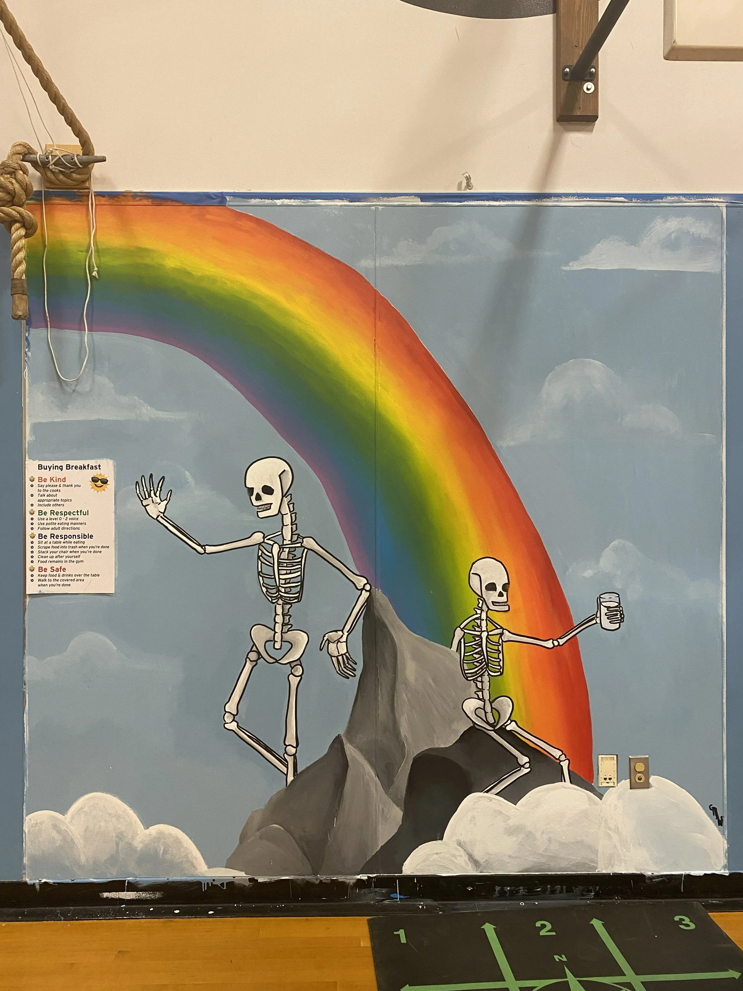  Student design turned into a mural for Sunrise Elementary. We worked with P.E. teacher to come up with designs.  I helped with the process of turning those designs into murals on the walls of the gym. 