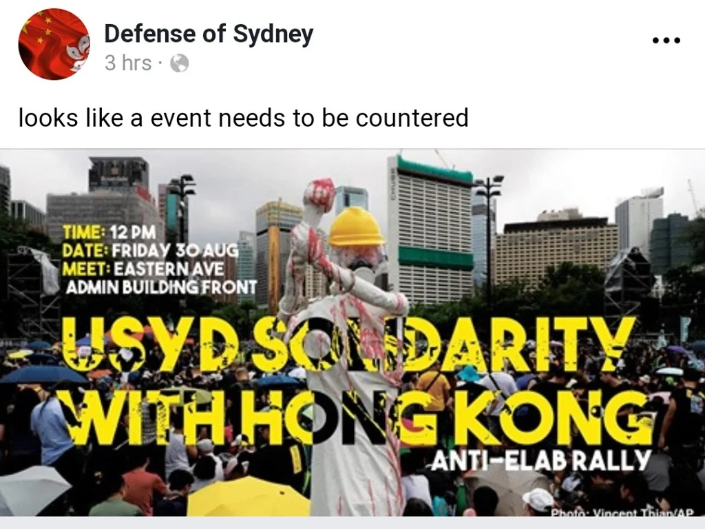 The Facebook page Defense of Sydney calling for counter protests