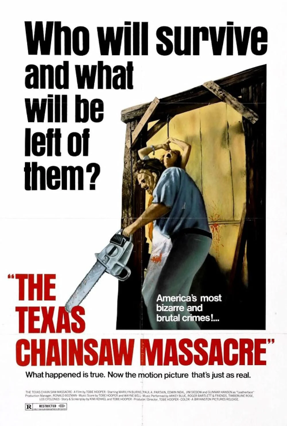 The Texas Chain Saw Massacre, Tobe Hooper, (1974). Film Poster. Woman pinned against wooden door, man wearing mask holding chainsaw.