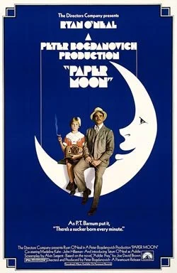 Paper Moon, Peter Bogdanovich, (1973), film poster. blue background. man and girl sitting on a crescent moon.