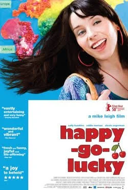 Happy-Go-Lucky, Mike Leigh (2008), film poser. woman with brown hair smiling. hair in motion.