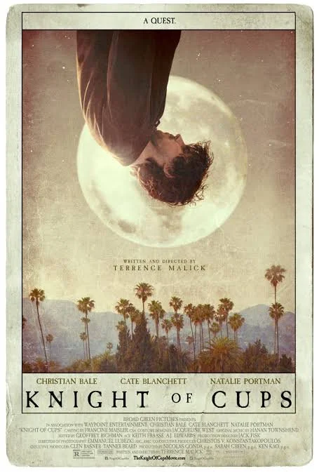 Night of Cups, Terence Malick, (2015). film poster. moon above palm trees and mountain. upper body of male figure in profile positioned upside down.