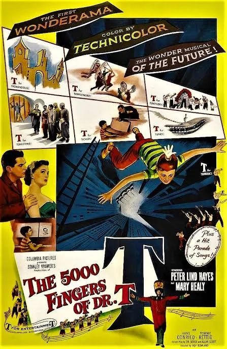 The 5,000 Fingers of Dr. T, Roy Rowland,  (1953) film poster. Collage featuring boy flying, man holding woman, a band. on yellow background.
