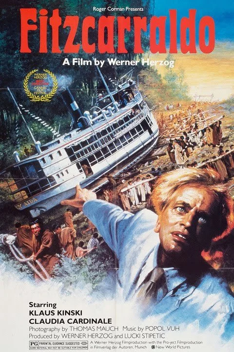 Fitzcarraldo, Werner Herzog, (1982). film poster. sinking ship. man pointing. surreal scene.