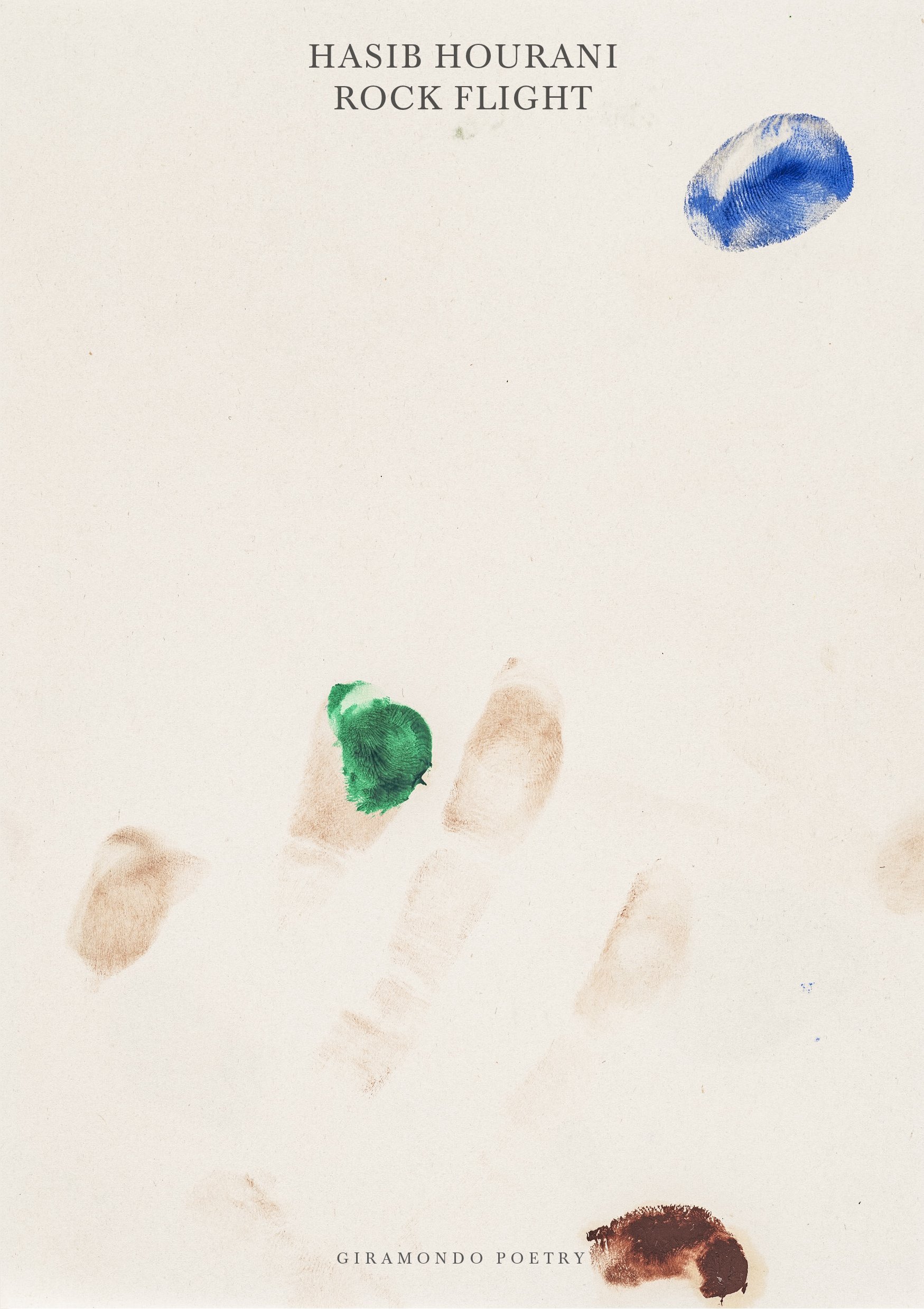 Artwork by Hasib Hourani, 'Rock Flight' (2024). Finger and handprints on white. Brown dust marks show a faint handprint in the bottom of the image, with solitary green and blue fingerprint marks in the middle and top right.