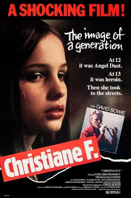 Christiane. F, Uli Edel, (1981). film poster. young girl in profile concerned expression. text in red lettering: a shocking film.