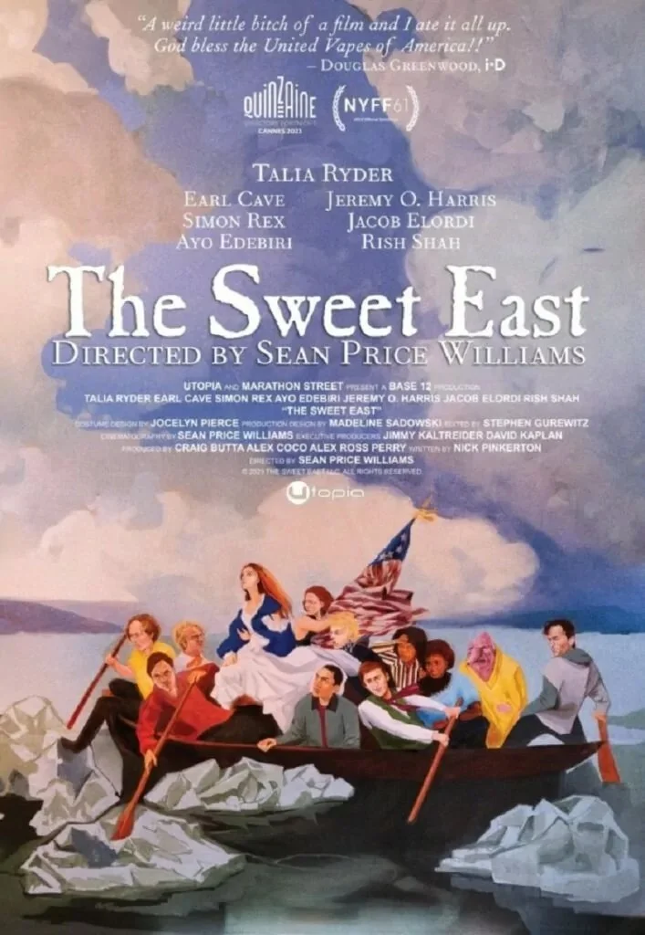 The Sweet East, Sean Price Williams, (2023). film poster. painted. ocean with small boat filled with people. cloudy sky.