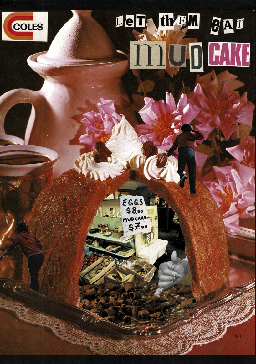 Analog collage. Surreal image of a mud cake, pink kettle and pink flowers. Inside the mud cake is a supermarket.