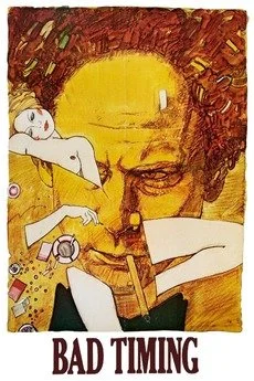 Bad Timing, Nicholas Roeg, (1980). film poster. illustration of man's face. parts of a. naked women.
