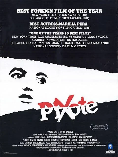 Pixote, Héctor Babenco, (1980). film poster. torn black revealing a triangle of white. outline of face in triangle.