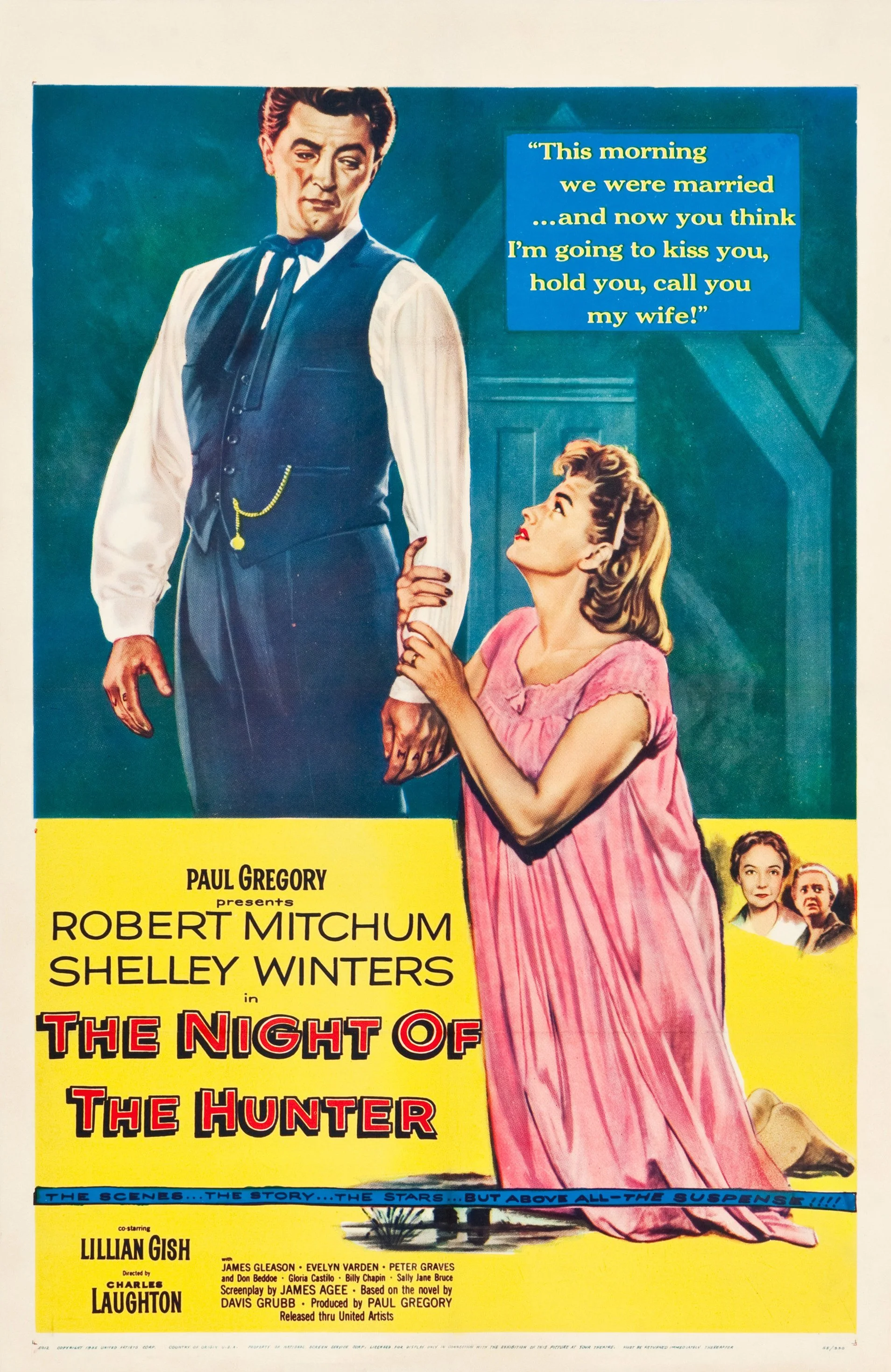 The Night of the Hunter, Charles Laughton, (1955) Film Poster. 50s illlustration of woman in  pink nightgown looking up at man while gripping his arm.