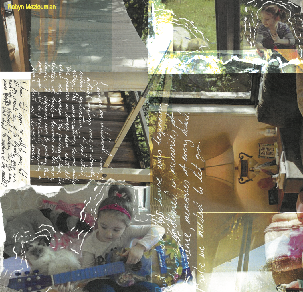 Collage of film photographs and handwritten text. Photos feature children and a suburban home.