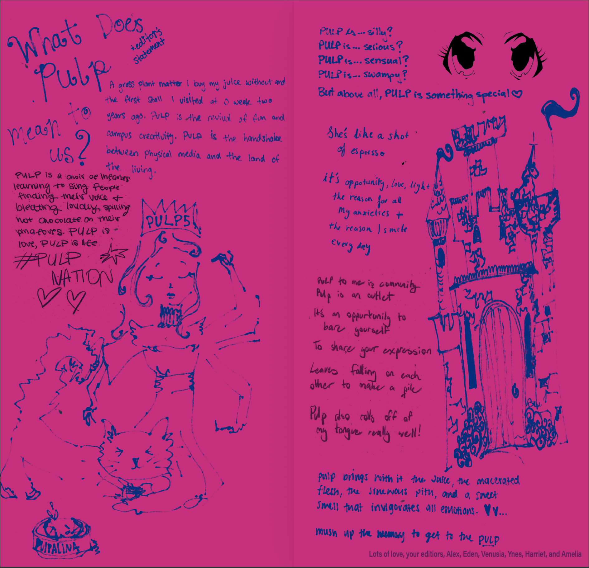A scan of the magazine which features the text below on a hot pink background. There is also illustrations of a castle, a girl with a cat wearing a crown that says PULP5 and anime eyes.