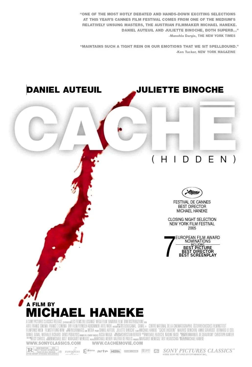 Caché, Michael Haneke, (2005). film poster. white with red blood splatter.
