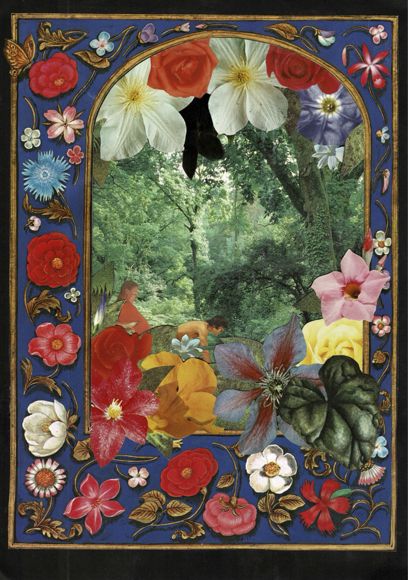 Analog collage. Surreal image of a green forest surrounded by a blue border with pink flowers on it.