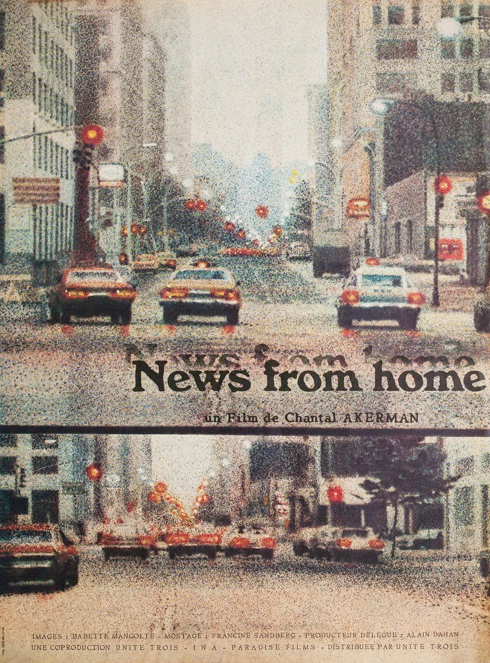 News From Home, Chantal Ackerman, (1976). film poster. retro photo of city street with yellow cabs.