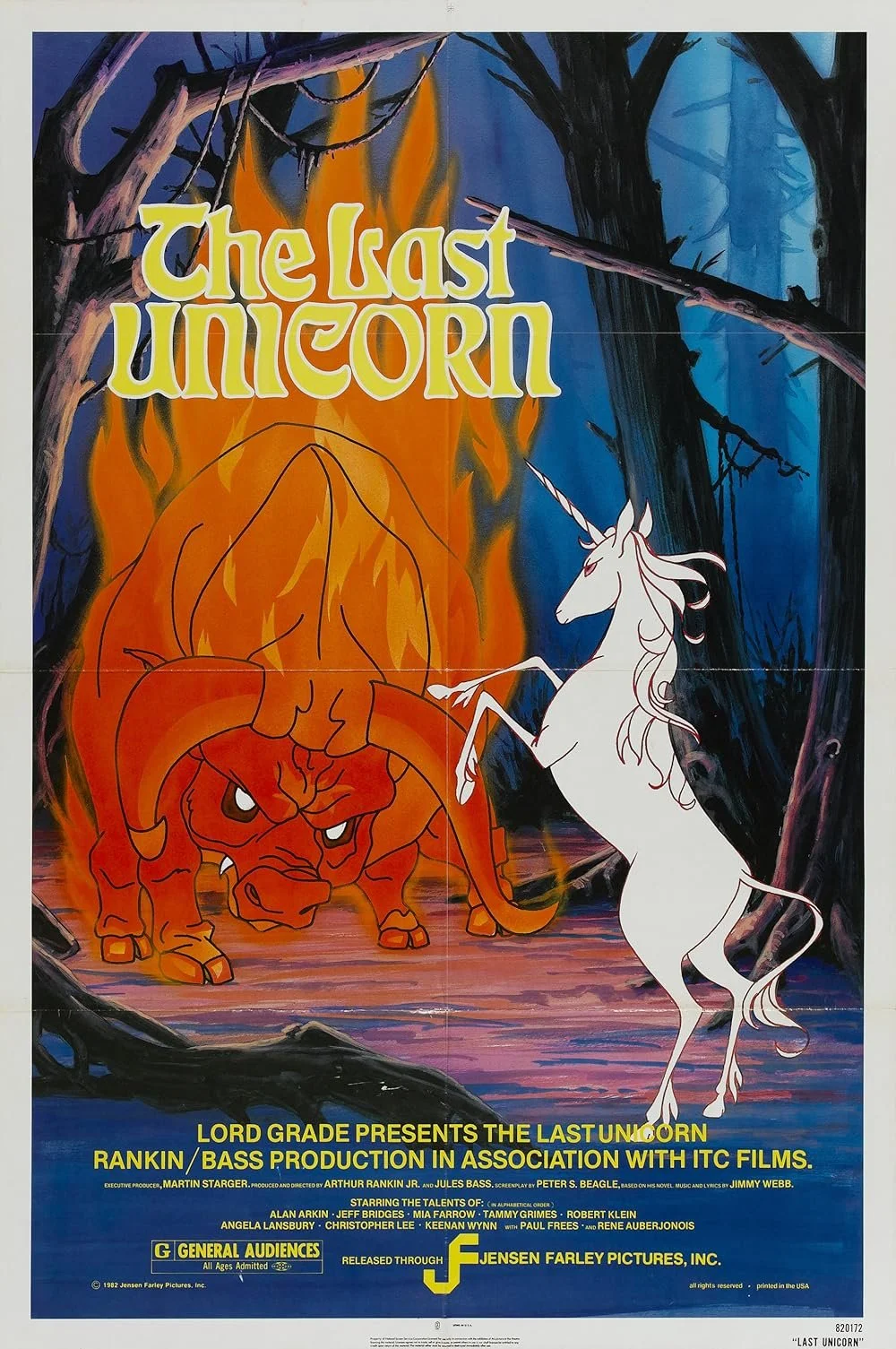 The Last Unicorn, Jules Bass and Arthur Rankin Jr., (1982) Film Poster. Ilustrated unicorn in forest about to fight fire monster.
