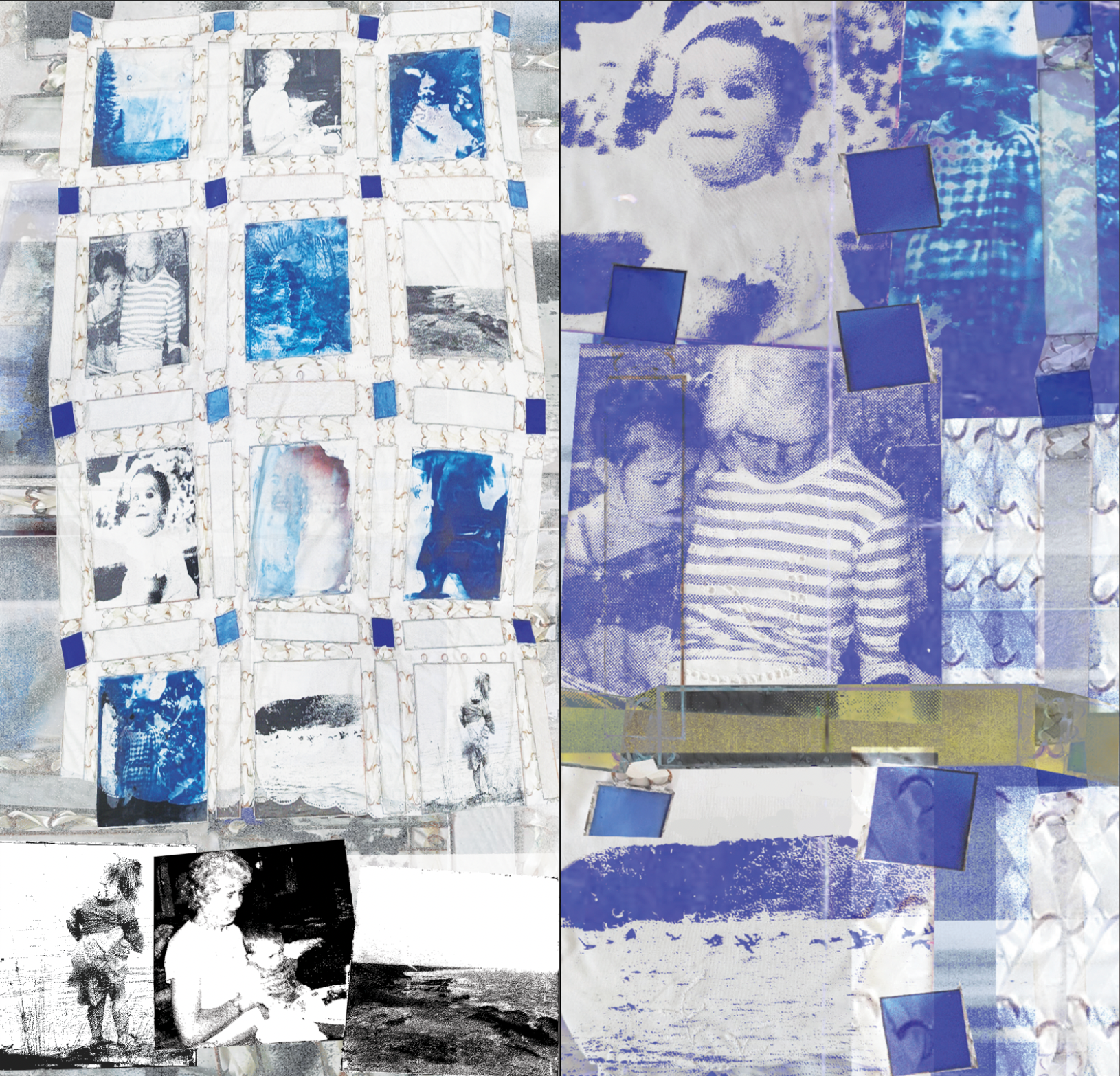 Stained glass with blue cyanotype images of children and grandparents..