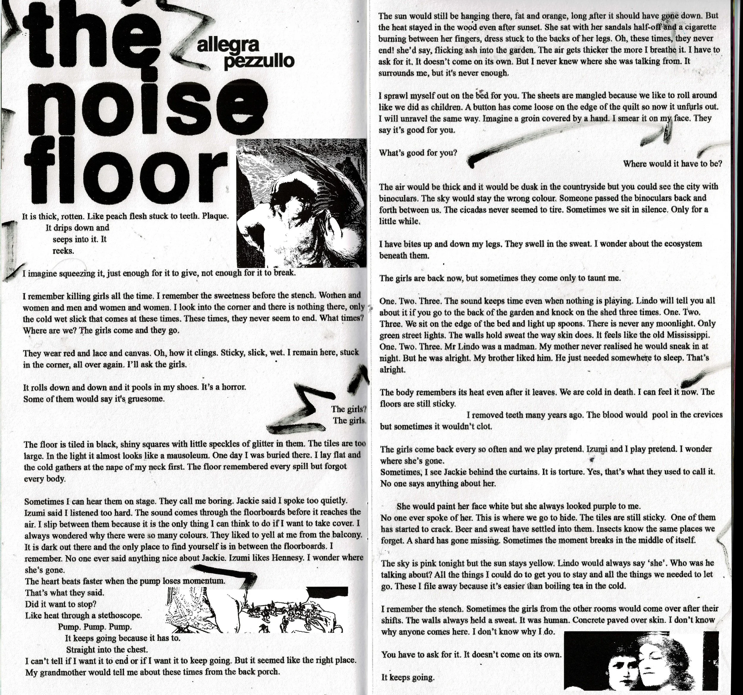 Scan of the magazine spread. It is black and white and features a person with a bird, and two people with their heads together.