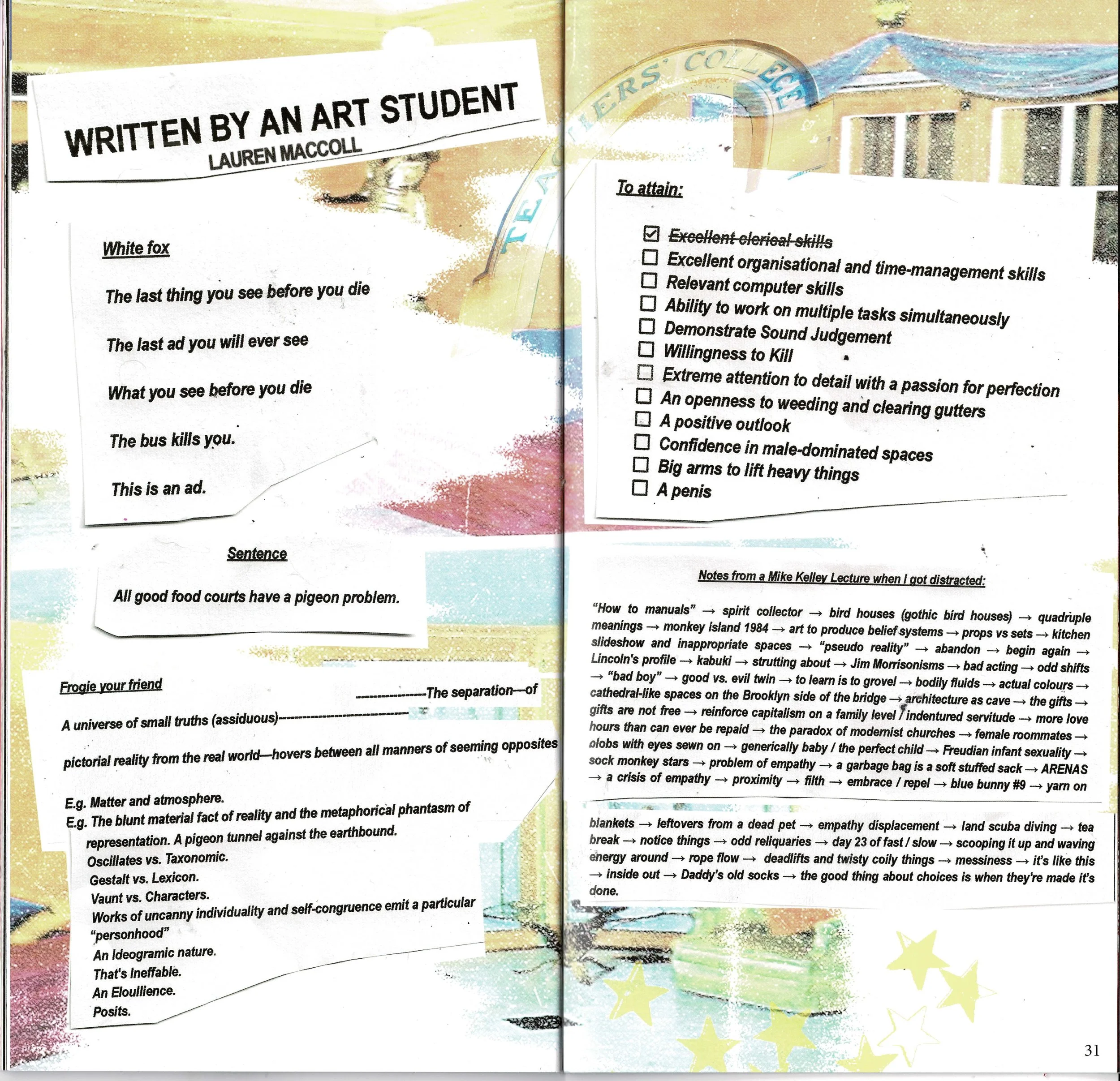 Scan of the magazine spread. It features a pastel colourful background with the poems printed on white scraps of paper.