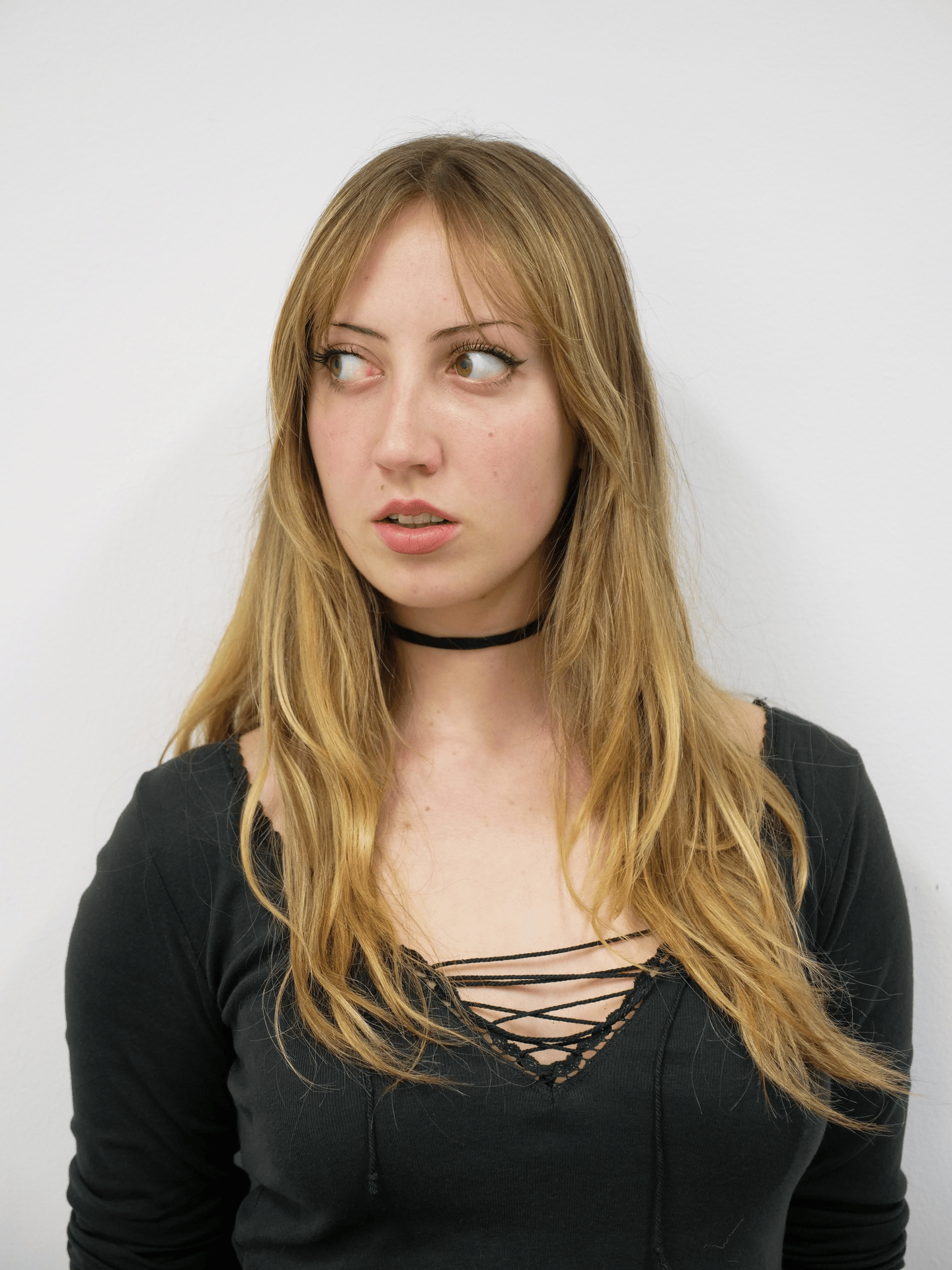 A gif cycling through several portraits of a figure. The figure has long light brown and blonde hair. They are wearing a black choker and a grey top with lace details.